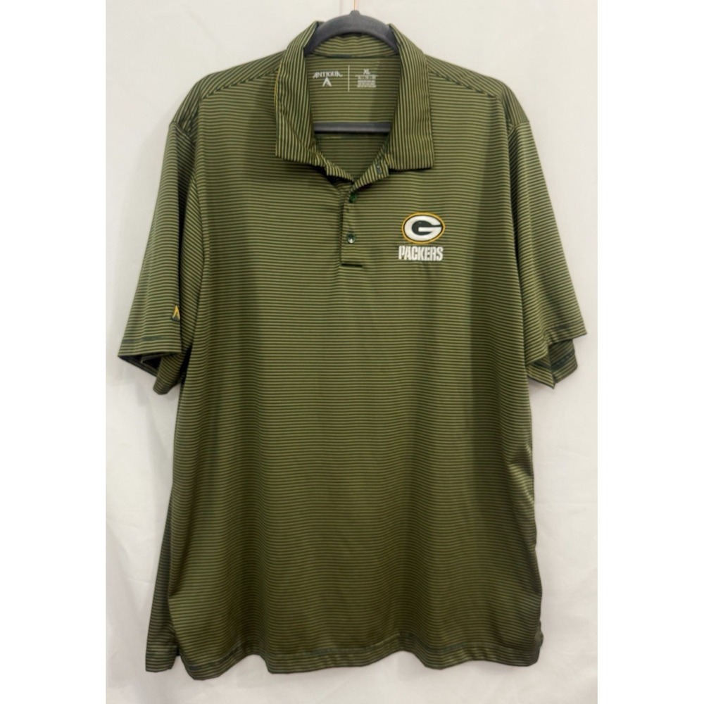 Green Bay Packers Antigua Polo Shirt Green‎ Yellow Striped Mens Size XL